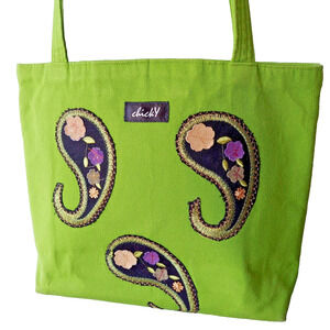 ChickY Tote Bag Lime Green With Embroidered Flower Paisleys 12" x 10" Pockets
